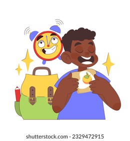 Back to school. Children doing school subject research. Happy little boy having lunch eating a sandwich. Multidisciplinary studying, academic knowledge gaining. Flat vector illustration