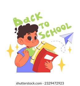 Back to school. Children doing school subject research. Happy boy reading a textbook. Multidisciplinary studying, academic knowledge gaining. Flat vector illustration