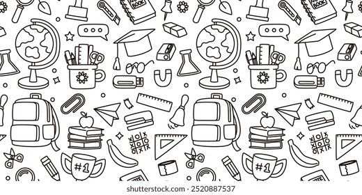 Back to school. Children education background. Stationery icons pattern seamless. Studying supply elements. Teachers book. Repeated print. Students backpack. Pencil bag. Vector doodle draw texture