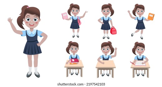 back to school and children education concept vector background. Happy schoolchildren with books and backpacks. Cute smiling kids in cartoon style. School uniform. Elementary education. School time