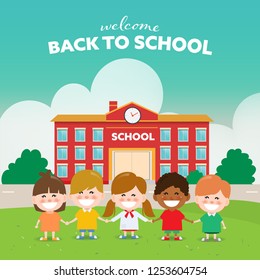 Back to school children with friends on playgrond. Welcome to school kids.