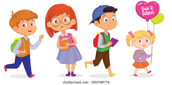Back to school. Children go to school. Funny cartoon character. Vector illustration. Isolated on white background