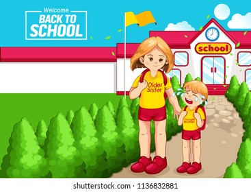 back to school, Children go to school, horizontal poster, vector illustration, you can place relevant content on the area.