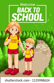 back to school, Children go to school, vertical poster.