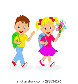  back to school. children going to school. girl with flowers, the boy waved his hand, illustration, vector
