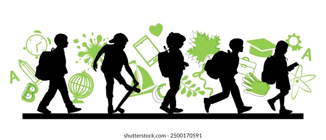 Regreso a la escuela. Niños que van a la escuela, siluetas de alumnos con iconos verdes sobre fondo blanco. Ilustración vectorial.	
