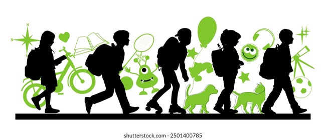 Back to school. Children going to school, pupils silhouettes with green icons on white background. Vector illustration.