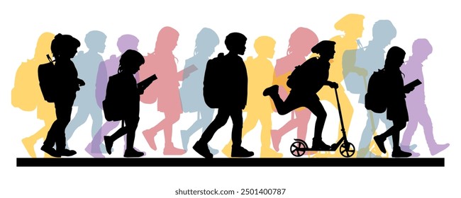 Back to school. Children going to school, pupils silhouettes on white background. Vector illustration.