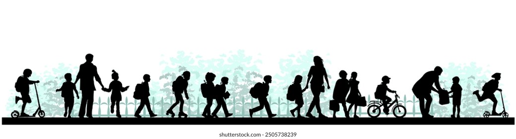 Back to school. Children going to school, pupils and parents silhouettes on white background. Vector illustration.