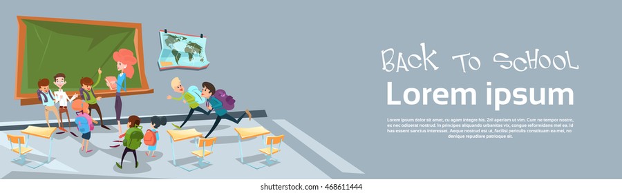 Back to School Children Group With Teacher Classroom Education Concept Vector Illustration
