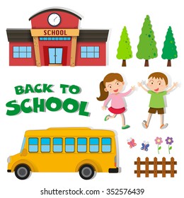 Back to school with children and school illustration