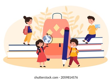 Back to school. Children with school items collecting backpack. Boy with pencil, girl with globe. Notebook, textbook, lesson, autumn. Cartoon flat vector illustration isolated on white background