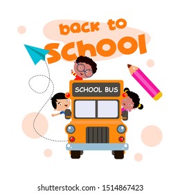 Back to School children on the bus Cartoon Vector Template Design Illustration