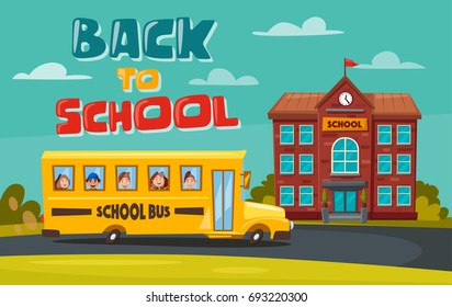 Back to school. Children on the yard. Cartoon vector illustration