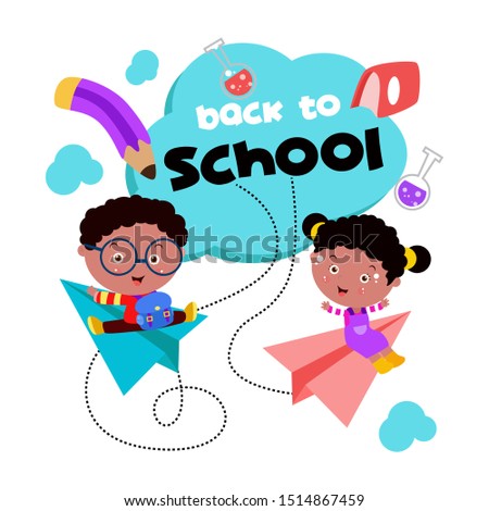 Back to School children with paper airplanes Cartoon Vector Template Design Illustration