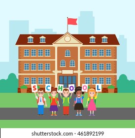 back to school children pupils holding letters