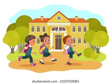 Back to school. Children rushing to lessons. Happy young students walk with backpacks in campus yard. College building. Kids education. Schoolchildren studying. Splendid