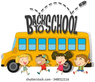 Back to school with children and schoolbus illustration