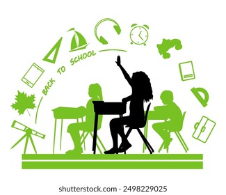 Back to school. Children silhouettes with school icons on white background. Vector illustration.	