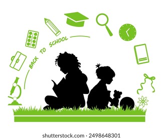 Back to school. Children silhouettes with school icons on white background. Vector illustration.	
