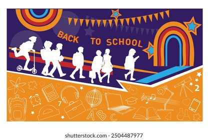 Back to school. Children silhouettes with school icons on purple and yellow background. Vector illustration.	
