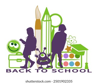 Back to school. Children silhouettes with school supplies and icons on white background. Vector illustration.
