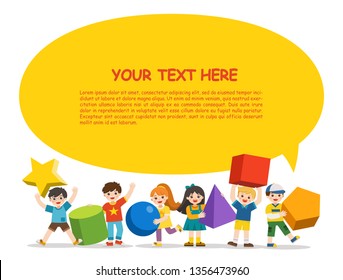 Back to School. Children with simple geometry forms. Different Geometric Shape.  Educational geometry children. Back to School. Template for advertising brochure. Children look up with interest.