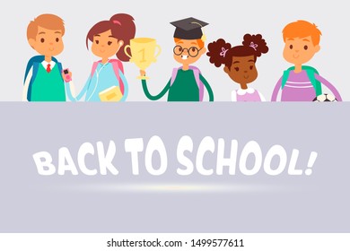 Back to school children vector illustration. Cute multinational kids pupils with backpacks at lesson with prise goblet. Cute happy cartoon boys and girls in school poster.
