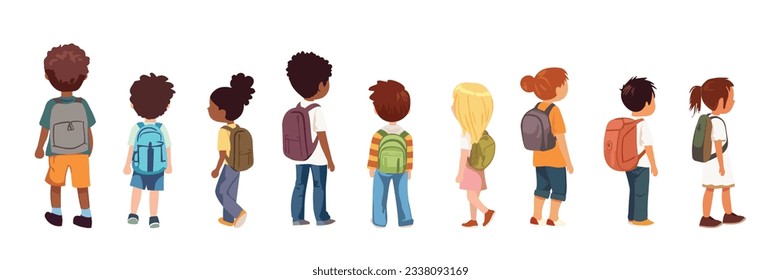 Back to school children back view. Little boys and girls go to school isolated on white background. They hold hands. Children with backpacks illustration isolated on white, back view.