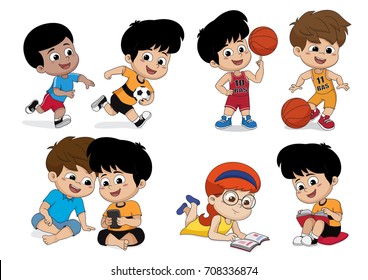 Back to school. Children's activity, playing a soccers, playing a basketball, playing a game, reading a book. vector and illustration.