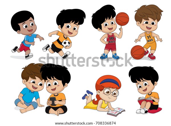 学校に戻れ 子どもの活動 ソッカーのプレイ バスケットボールのプレイ ゲーム 本の読み方 ベクター画像とイラスト のベクター画像素材 ロイヤリティ フリー
