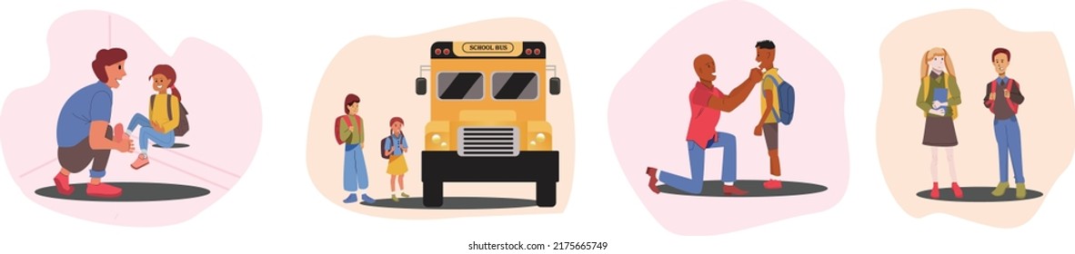 Back to School. Children's are back to school. Dad helps daughter wears shoes, tie collars, students riding bus, friends meets at school, figures isolated on white background.