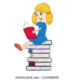 back to school, a children's development center, a kid reading a book, kid girl with book stack, smart, learning, illustration