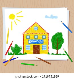 Zurück zur Schule. Kinderzeichnung mit farbigen Bleistiften auf weißem Papier. Auf Holztisch ziehen. Schulgebäude, Sonne, Bäume, Gras, Wolken. Helle süße Cartoon Zeichnung des Kindes. Vektorgrafik