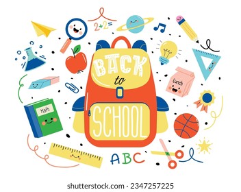 De vuelta a la escuela en composición de círculo con letras a mano. Mochila estudiantil con frase escrita a mano y material escolar para garabatos: libro, lápiz, pluma, regla, borrador, tijeras, marcadores. Ilustración del vector