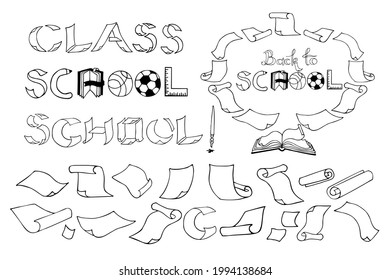 Back to school. Class, school word with different objects and symbols. Hand drawn with ink vector illustration.