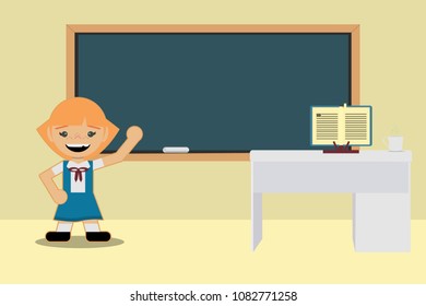 Back to school classes. Student girl in school uniform. Expose in front of the blackboard. Flat style design.