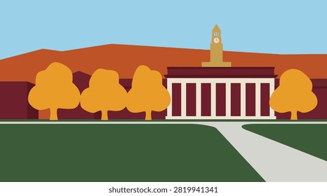 Back To School Classic university building campus lawn and pathway illustration with university