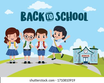 Back to school classmates vector design. Back to school text and campus with pre-school, student characters going home after class. Vector illustration. 

