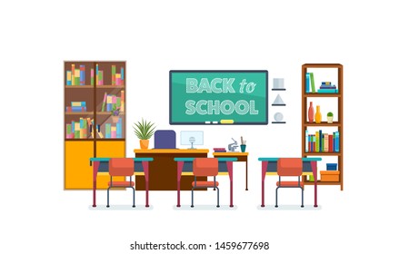 Back to school. School classroom with chalkboard and desks. Class for education, board, table and study, blackboard and lesson. Interior of modern school class. Workplace. Vector illustration
