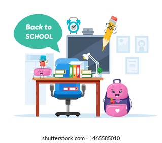 Back to school. School classroom with chalkboard and desks. Class for education, board, table and study, blackboard and lesson. Interior of modern school class. Workplace. Vector illustration