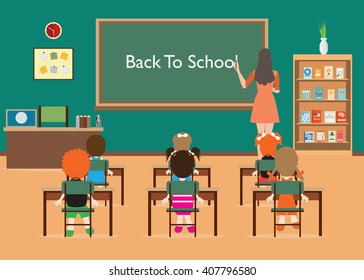 Back to School. Classroom Interior with little students and teacher, green blackboard, table and chair, Education Concept Vector illustration.