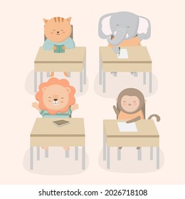 Back to school classroom themed concept cartoon vector illustration. 4 animal students cat, elephant, lion, monkey, cat, elephant, lion, monkey, sitting at the classroom desk