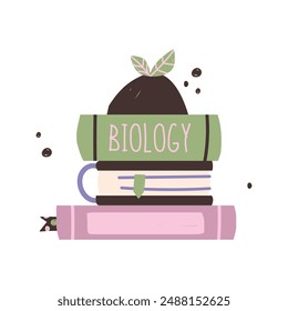 Back to school. clip art textbooks about biology and plant on the book. Flat hand drawn vector illustration.