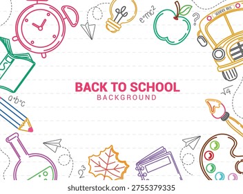 Back to School clipart background design. Back to School Background with drawing school elements border like school bus, alarm clock, book, notebook, watercolor and bulb doodle icon clip art in broken line space template vector illustration.
