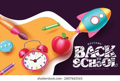 Back to school clipart banner design. Welcome back to school greeting text with colorful educational element in paper cut concept, Vector illustration.
