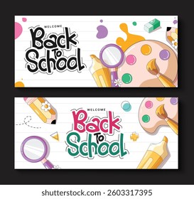Back to school clipart banner set design. Welcome back to school greeting text card template clip art in paper space watercolor background with educational drawing elements vector illustration.
