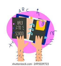 Back to school clipart. Back to school concept. Hand holding school suplies: notebook or diarie. in my portfolio you can find a set of these cliparts. Flat hand drawn vector illustration.