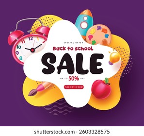 Back to school clipart design. Back to school sale discount text in paper cut concept with educational elements. Vector illustration for back to school promotion. Vector illustration.
