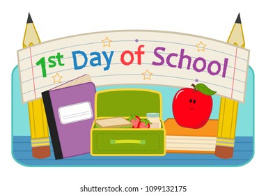 Back to school clip-art with lunchbox, notebook, apple and banner that says “First day of school”. Eps10